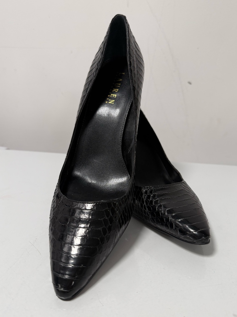 Black Croc-Embossed Pointed Pumps